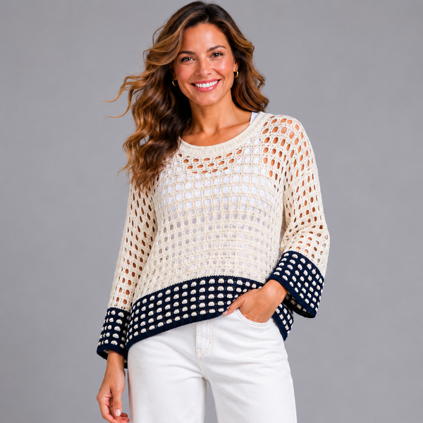 Open Knit Bell sleeve jumper with Contrast Hem