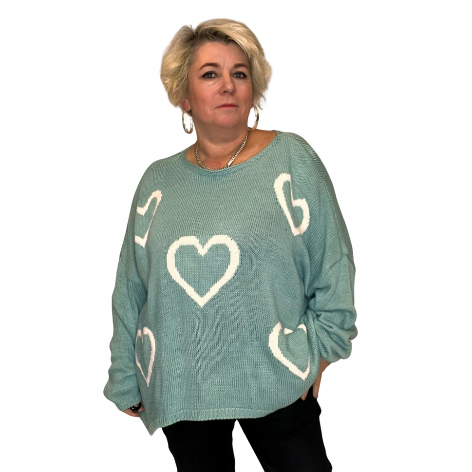 SCOOP HEM OVERSIZED KNITTED JUMPER WITH HEARTSPale Turquoise / UK 16-18