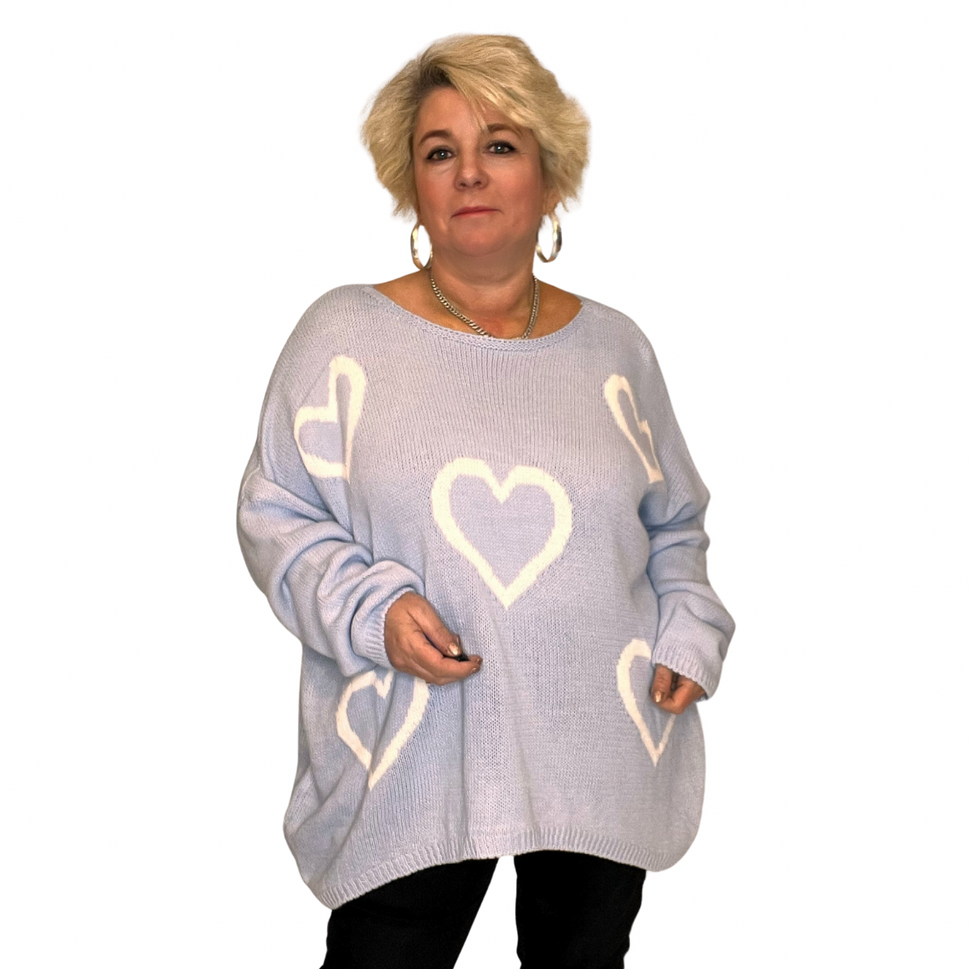 SCOOP HEM OVERSIZED KNITTED JUMPER WITH HEARTSPale Blue / UK 16-18