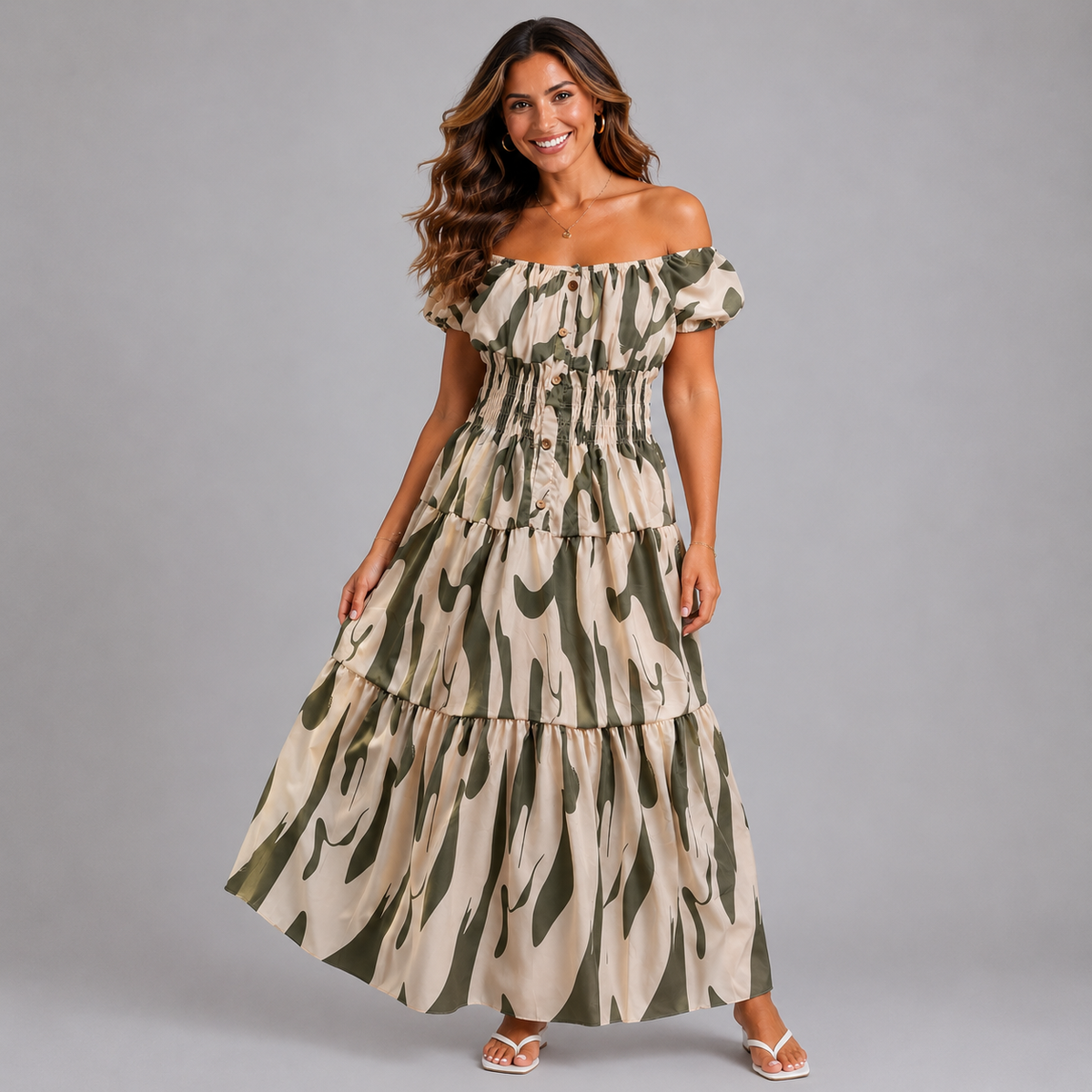 Abstract Print Bardot Maxi Gyspy Dress