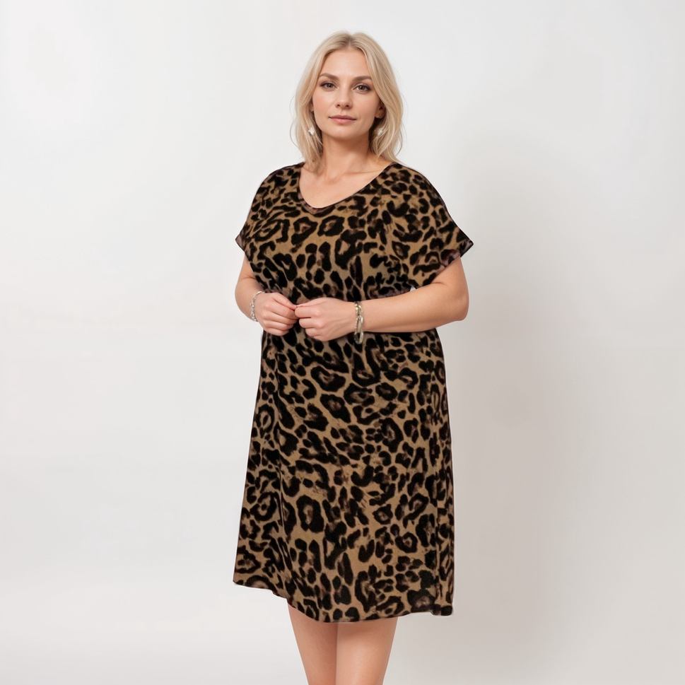 ROCKTHOSECURVES LEOPARD PRINT V NECK SHORT SLEEVE DRESSBrown Leopard / UK 16-18