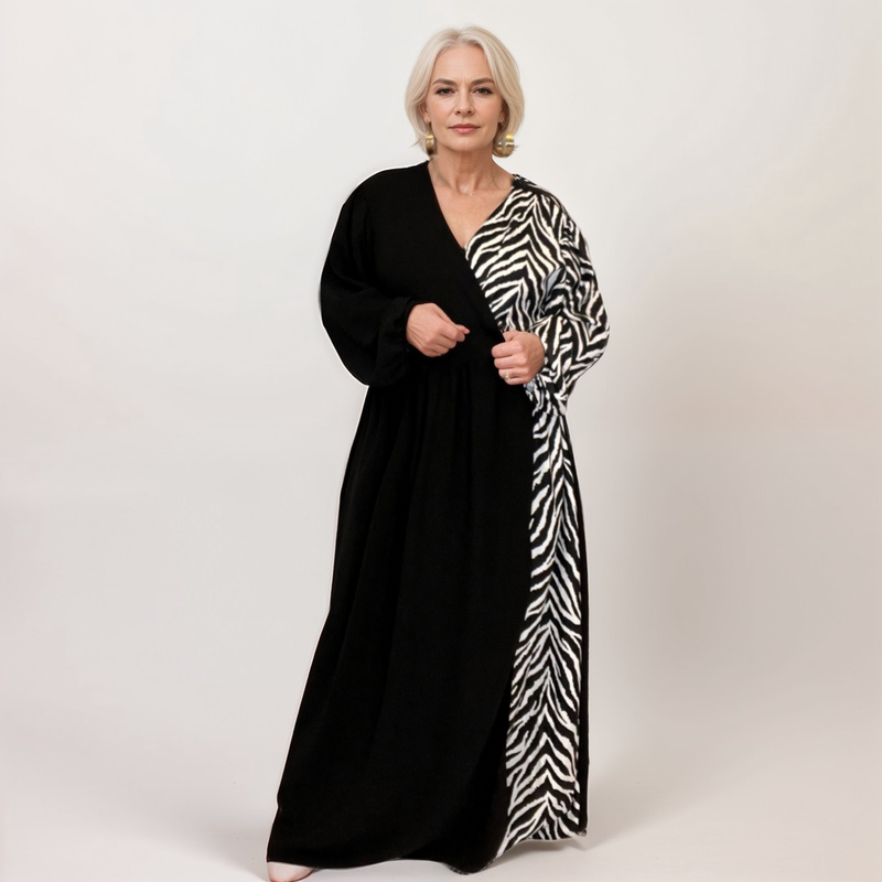 ROCKTHOSECURVES BLACK WRAP OVER MAXI DRESS WITH ZEBRA PANELS