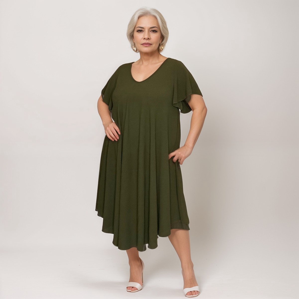 V-Neck Swing Dress with Fluted Short Sleeves