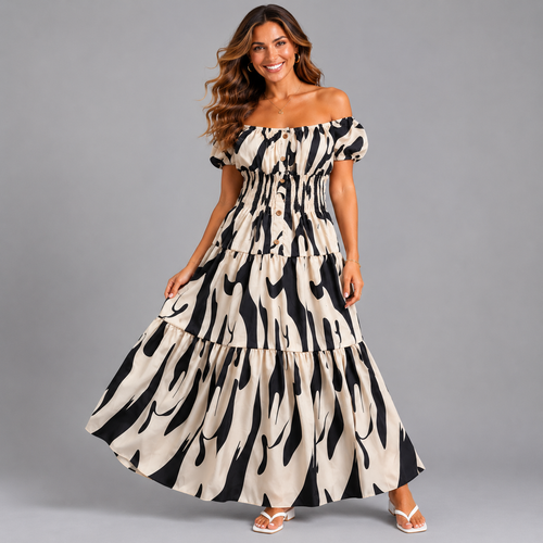 Abstract Print Bardot Maxi Gyspy Dress