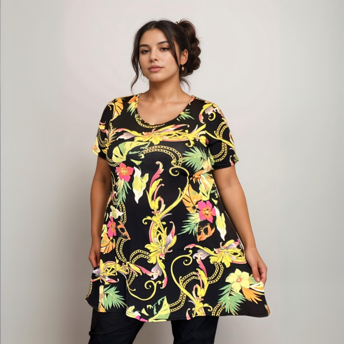 ROCKTHOSECURVES BLACK MULTI TROPICAL SHORT SLEEVE SWING TOP