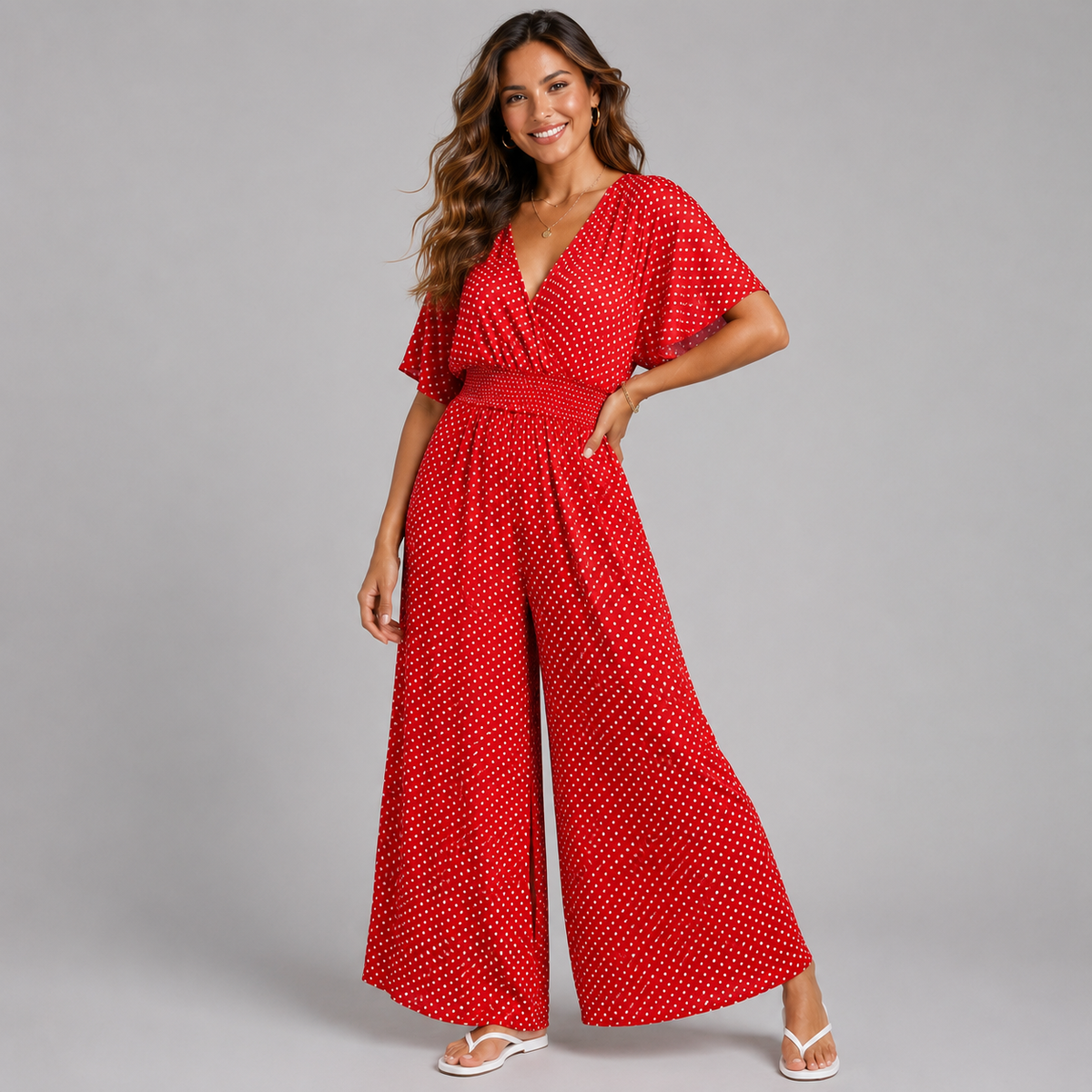 Polka Dot Soft Stretchy V Neck Jumpsuit