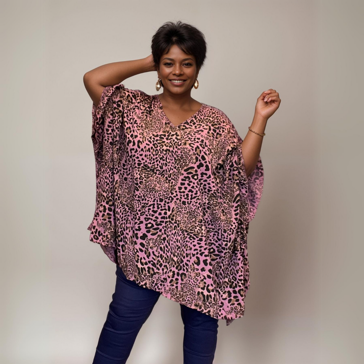 ROCKTHOSECURVES OVERSIZED ANIMAL PRINT V NECK COTTON BLOUSE KAFTAN