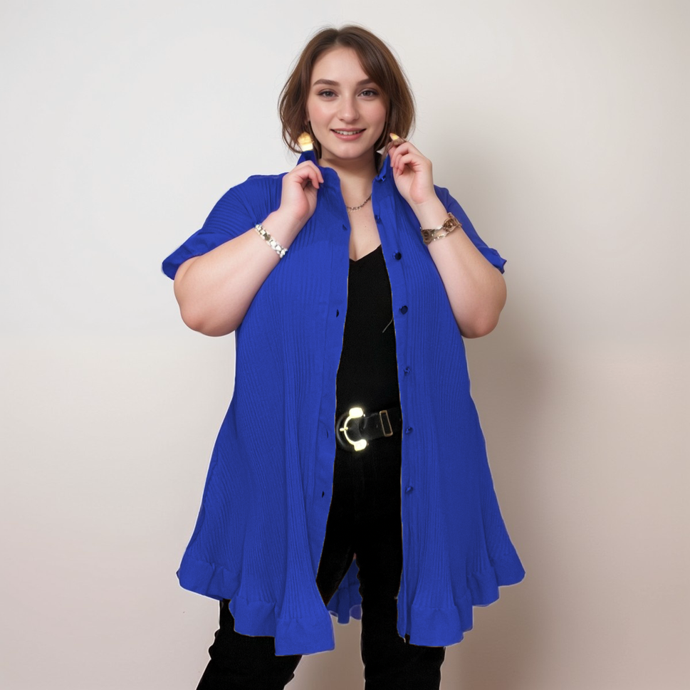 FRILLED EDGE SHORT SLEEVE BLOUSE / SHIRTRoyal Blue / UK 16-18