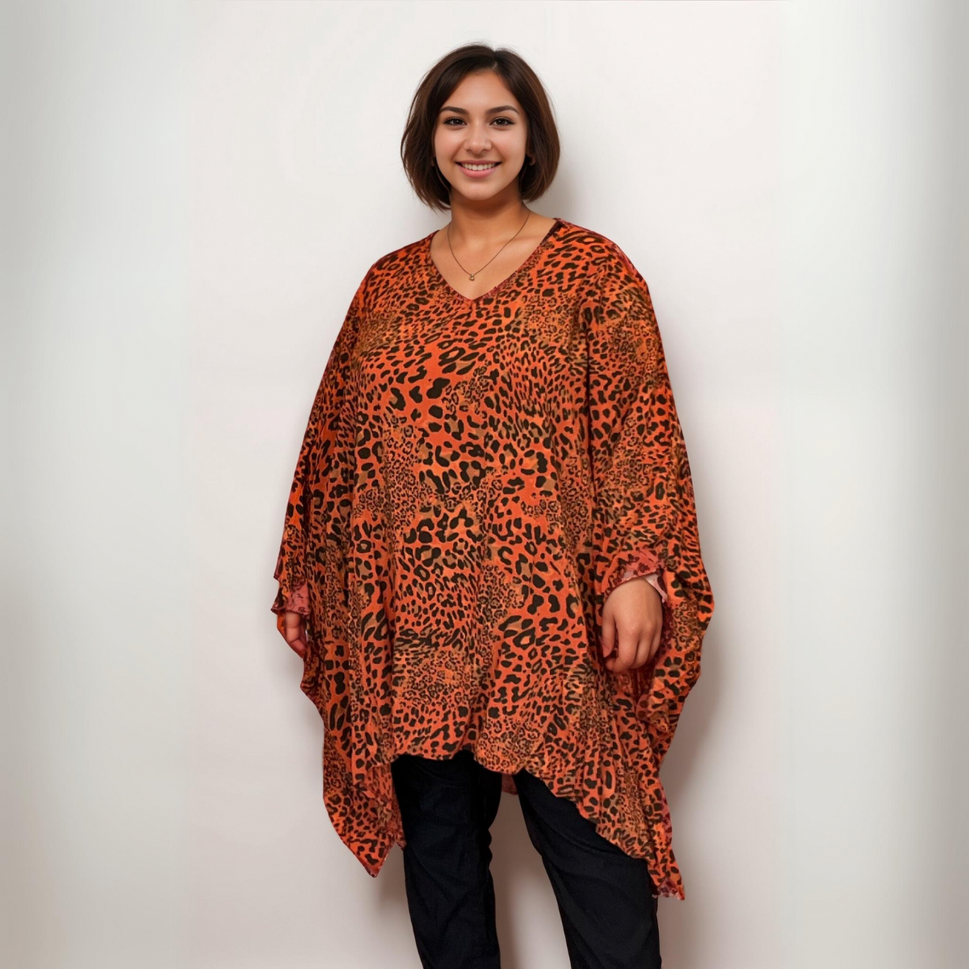 ROCKTHOSECURVES OVERSIZED ANIMAL PRINT V NECK COTTON BLOUSE KAFTANRUST / UK 16-18