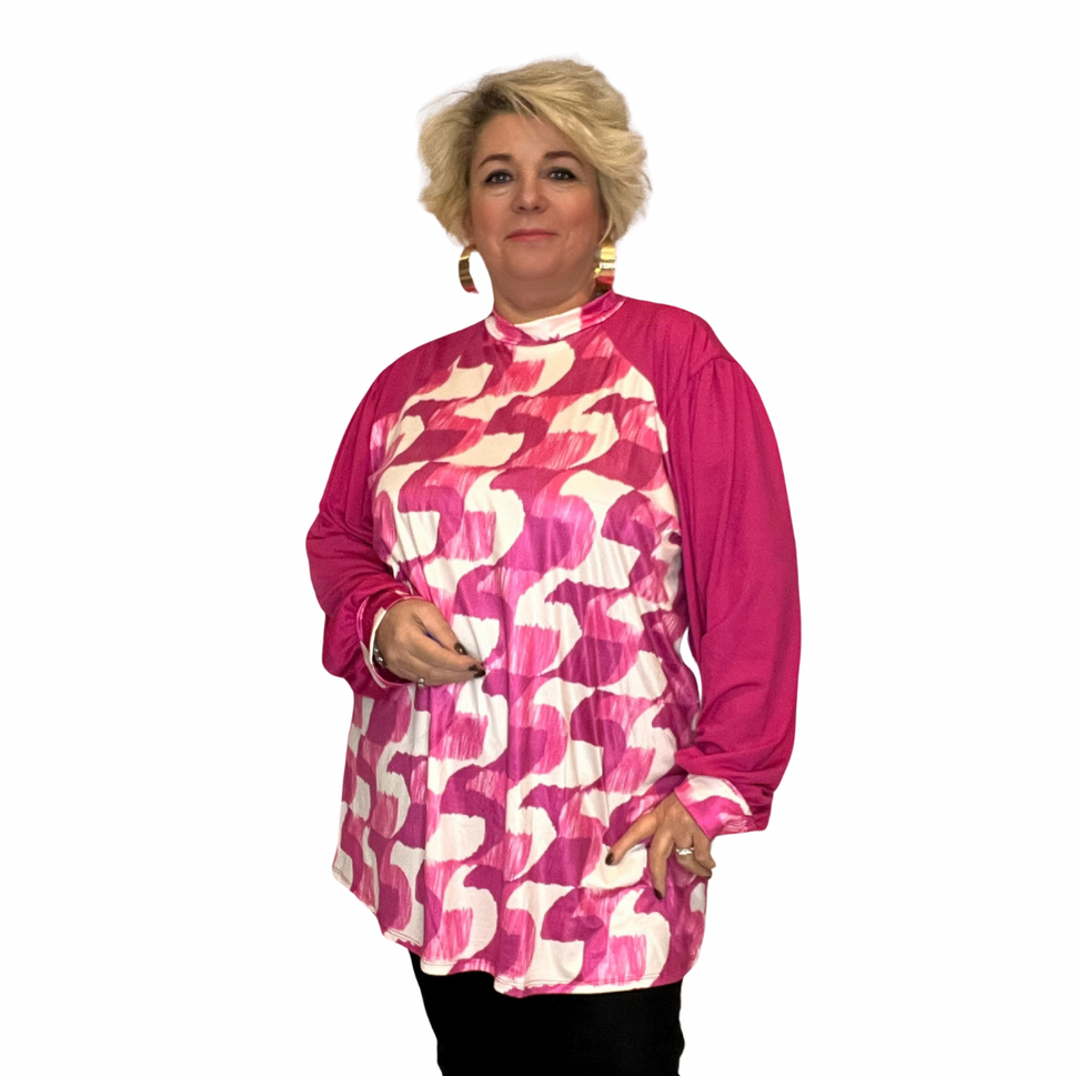 ROCKTHOSECURVES TURTLE NECK LONG SLEEVE LOOSE FITTING BLOUSEFUCHSIA / UK 20-22