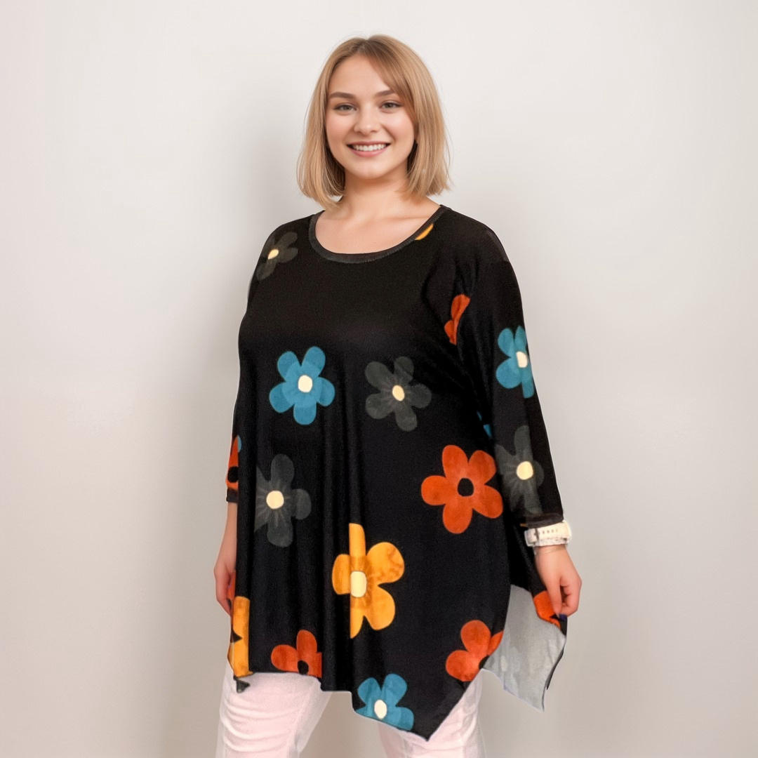 ROCKTHOSECURVES LARGE FLOWER HANKY HEM LONG SLEEVE TOP