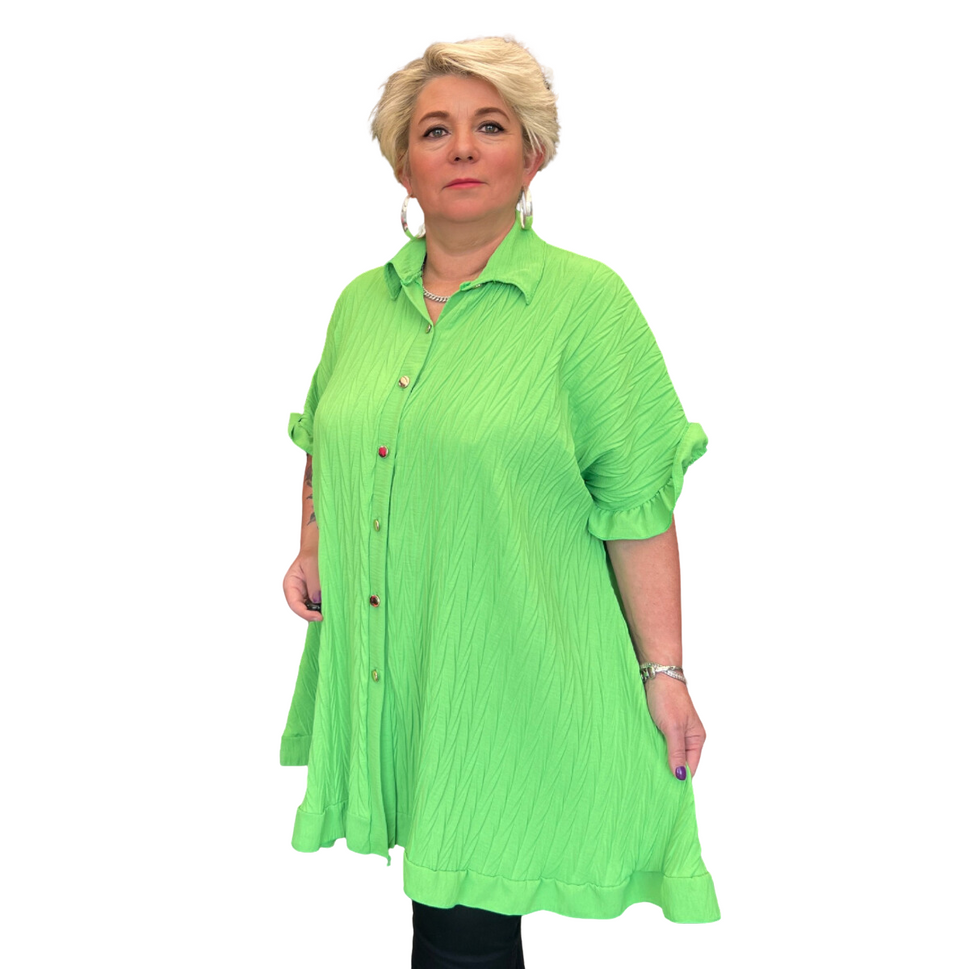 ROCKTHOSECURVES CRINKLED FRILLED EDGE LONG LENGTH OVERSIZED BLOUSE / SHIRTGREEN / UK 16-18