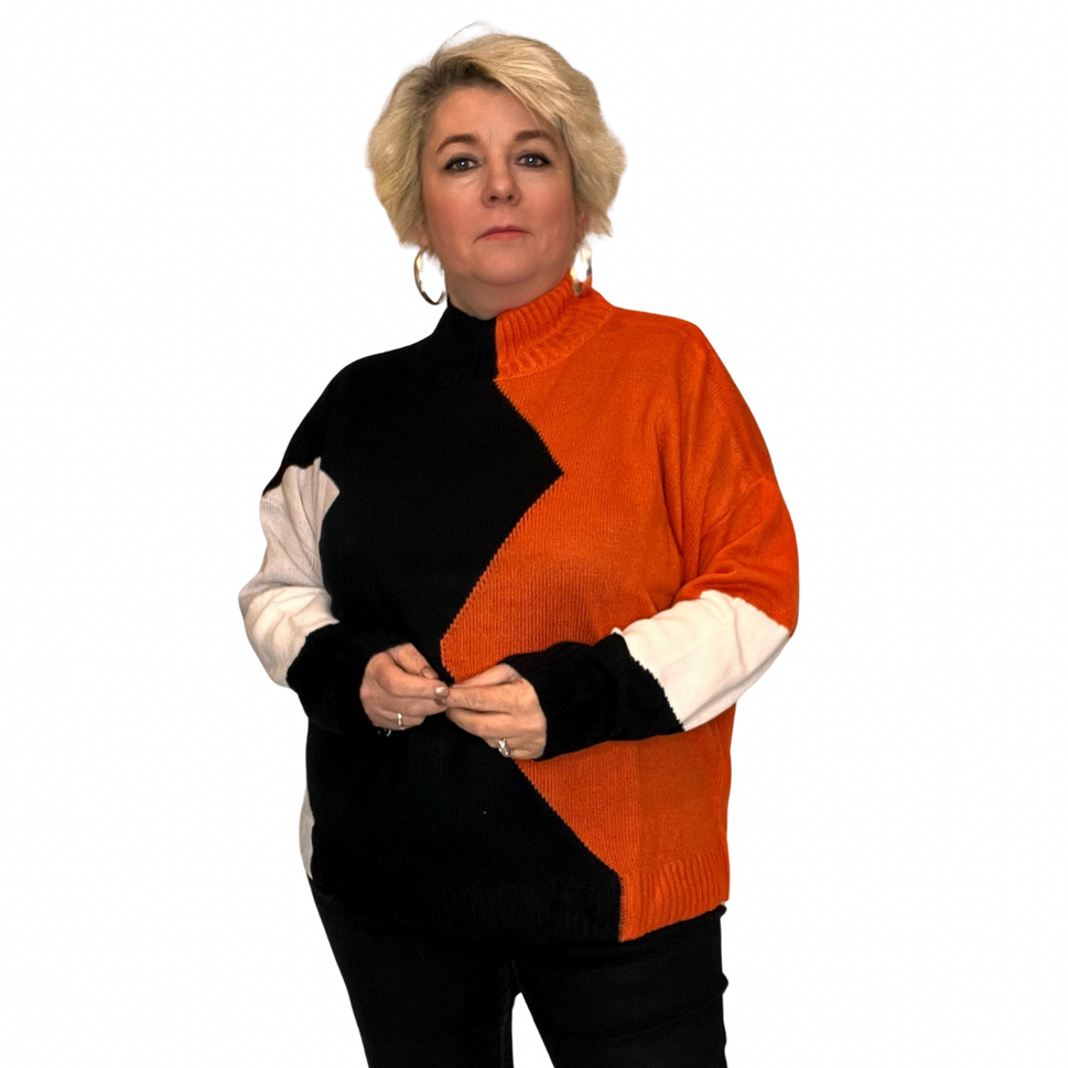 TURTLE NECK BLOCK COLOUR LONG SLEEVE JUMPERBLACK / ORANGE / UK 16-18