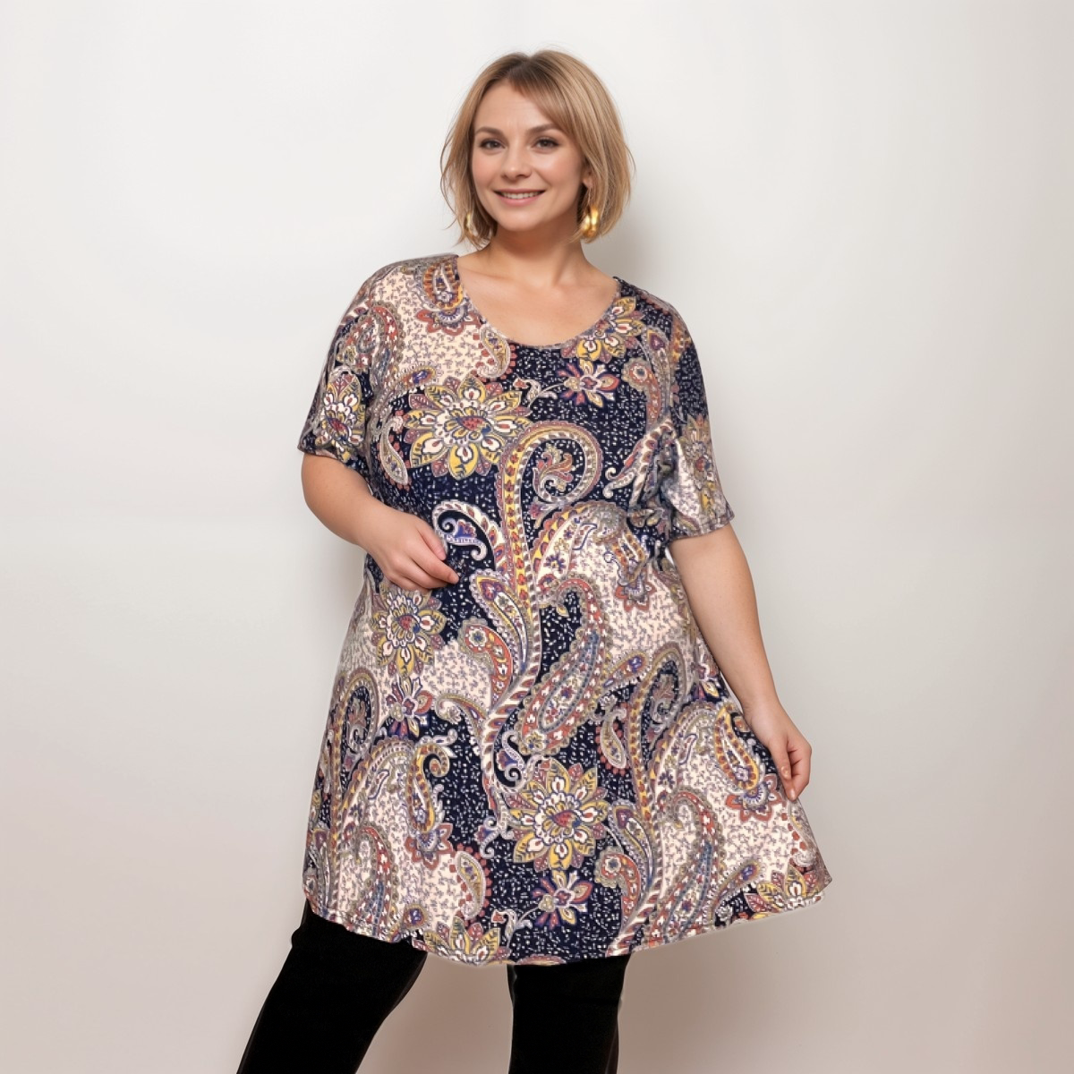 BLUE MULTI PAISLEY SHORT SLEEVE A-LINE SWING TOP