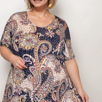 BLUE MULTI PAISLEY SHORT SLEEVE A-LINE SWING TOP