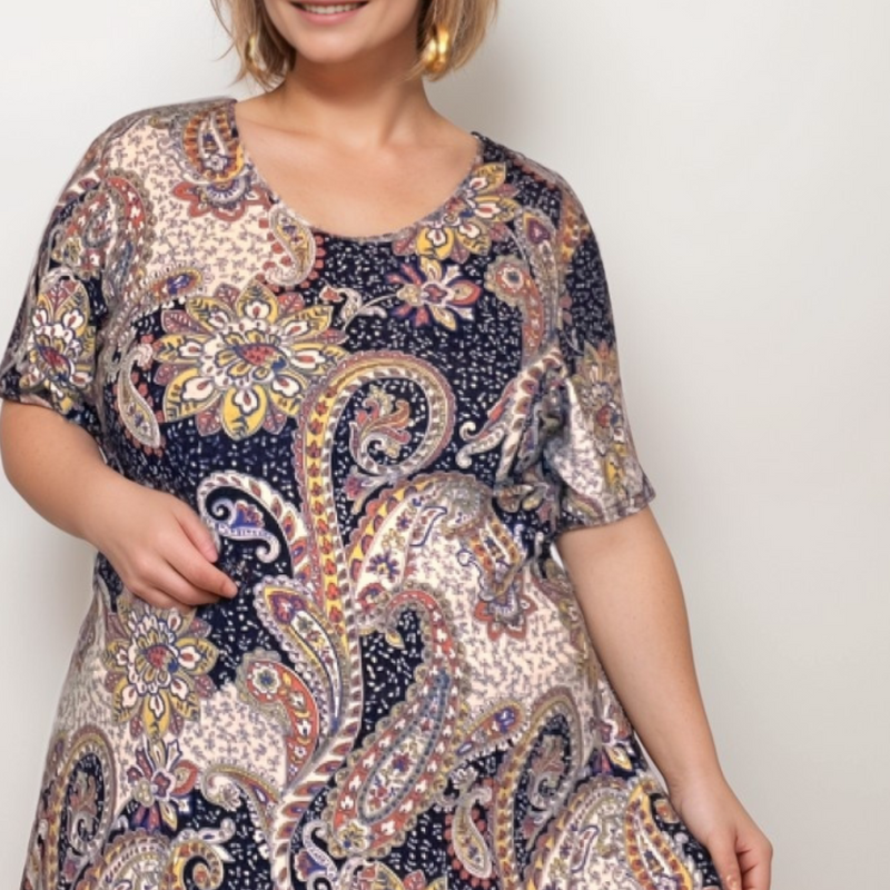 BLUE MULTI PAISLEY SHORT SLEEVE A-LINE SWING TOP