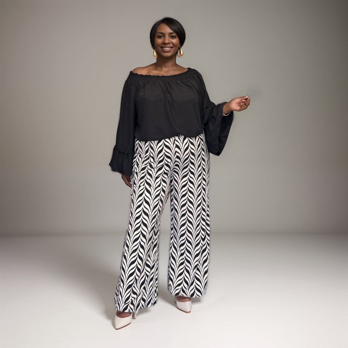 ROCKTHOSECURVES BLACK WHITE HERRINGBONE ELASTICATED WAIST PALAZZO TROUSERS