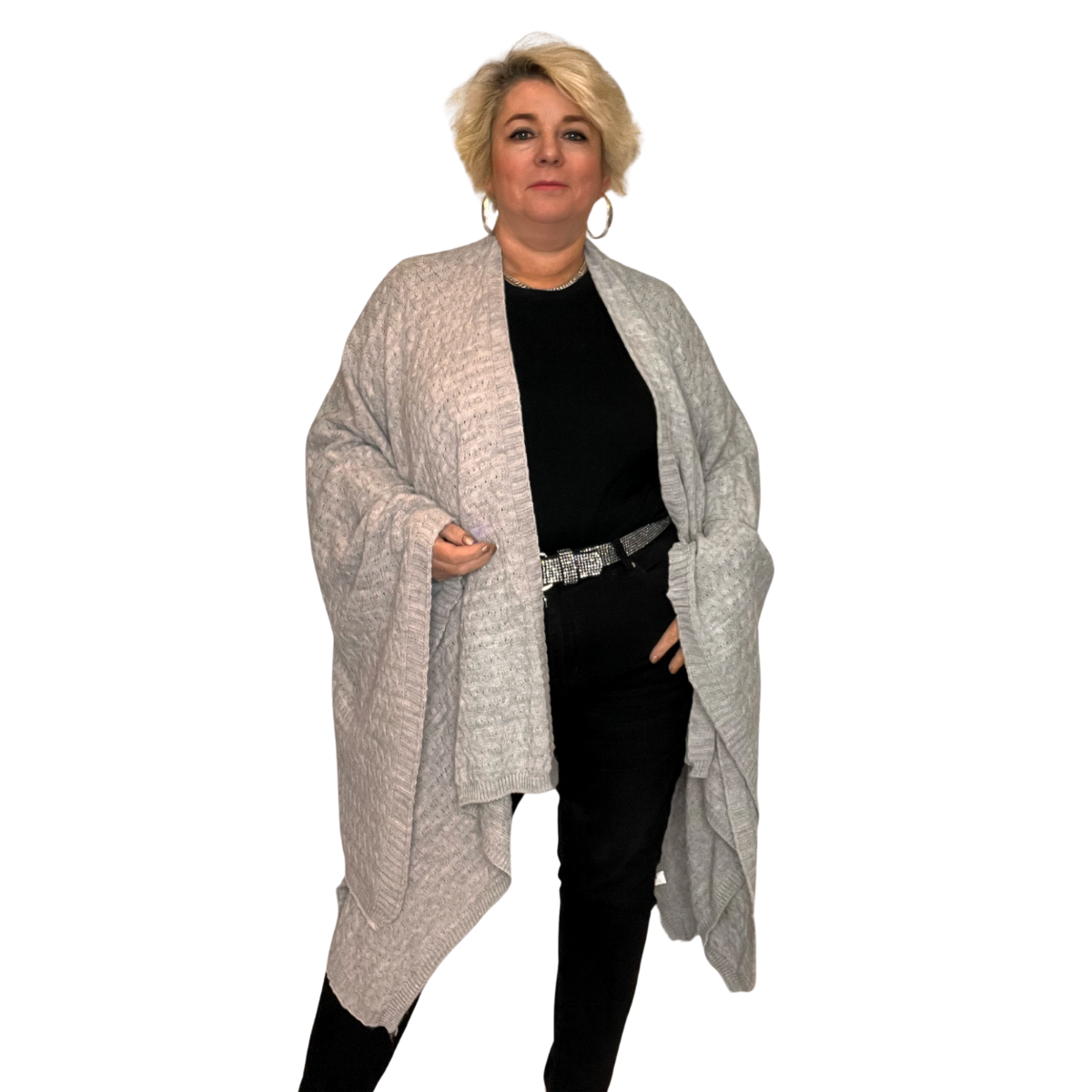 GREY SQUARE KNITTED THROW OVER SHAWL / JACKET