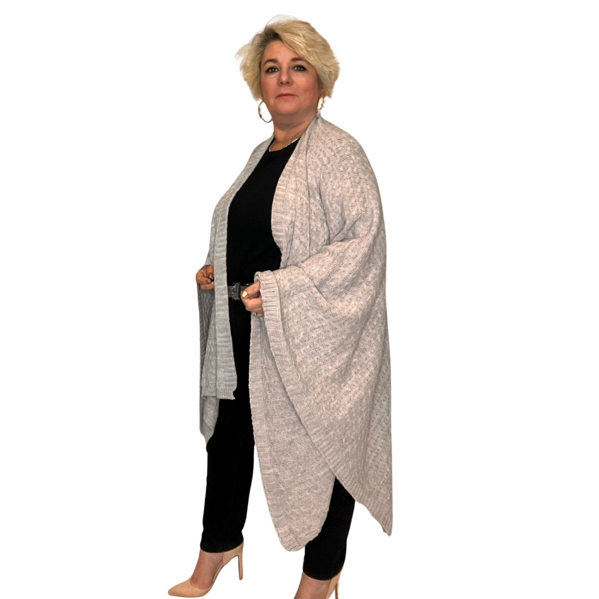 GREY SQUARE KNITTED THROW OVER SHAWL / JACKET