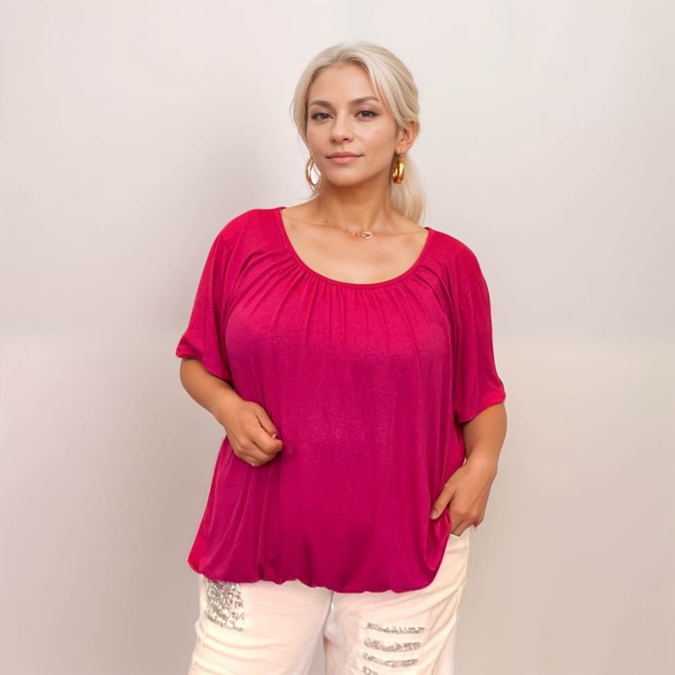 ROCKTHOSECURVES SHORT SLEEVE PLAIN T-SHIRT / TOP WITH ELASTICATED WAIST AND NECKFuchsia / UK 12-14