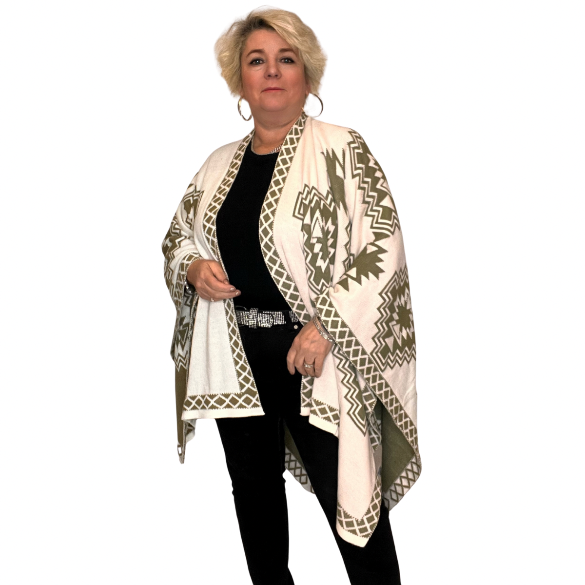 CREAM GREEN GEOMETRIC THICK KNITTED SOFT FEEL SHAWL / SCARF