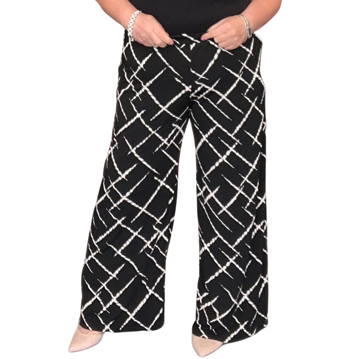 BLACK WHITE ABSTRACT PRINT ELASTICATED WAIST PALAZZO TROUSERS