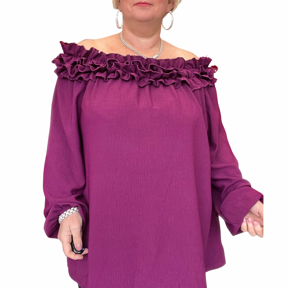 ROCKTHOSECURVES RUFFLED NECK OFF SHOULDER LONG SLEEVE TOP BLOUSEMAGENTA / UK 12-14