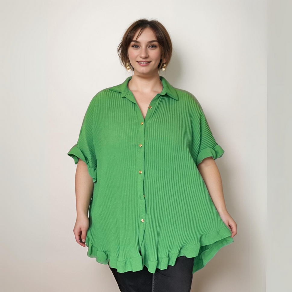 FRILLED EDGE SHORT SLEEVE BLOUSE / SHIRTGreen / UK 16-18