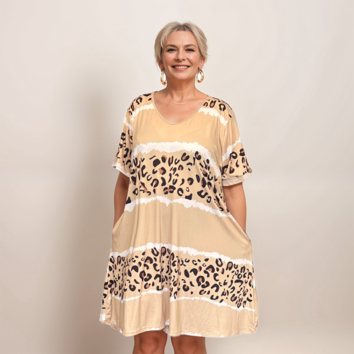 ROCKTHOSECURVES LEOPARD PANEL V NECK SWING DRESS WITH POCKETS