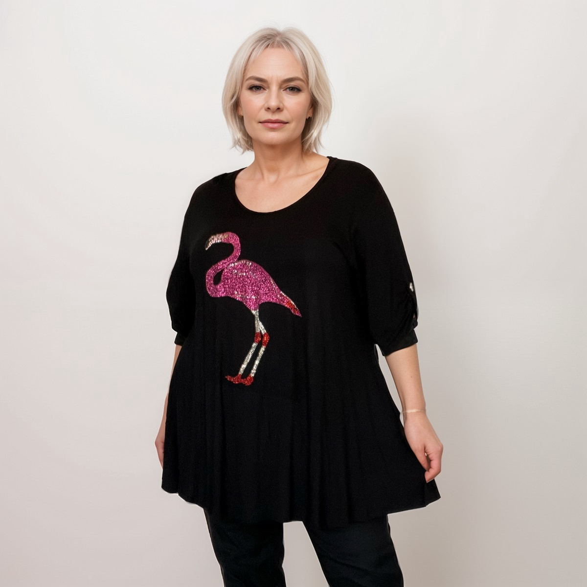 ROCKTHOSECURVES STUDDED PINK FLAMINGO BUTTON SLEEVE SWING TOP