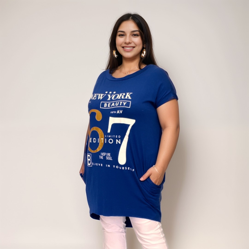 NEW YORK 67 LONG DIPPED HEM T-SHIRT POCKETSROYAL BLUE / UK 16-18