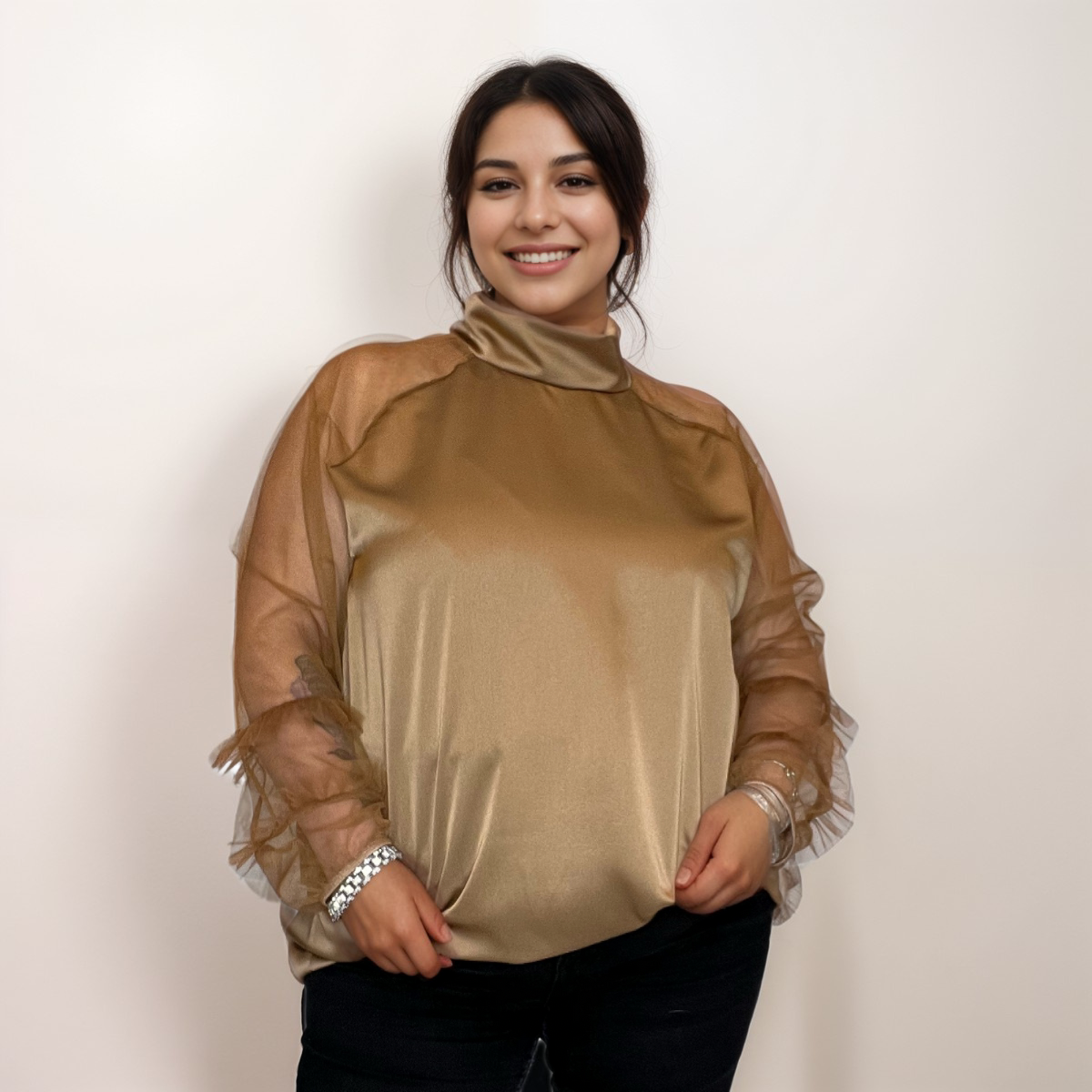 ROCKTHOSECURVES SATIN BLOUSE TURTLE NECK + CHIFFON FRILLED SLEEVES