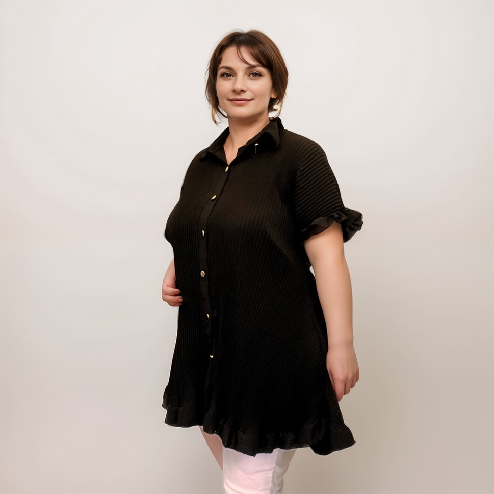 FRILLED EDGE SHORT SLEEVE BLOUSE / SHIRTBlack / UK 16-18