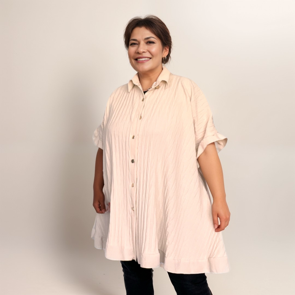 CRINKLED FRILLED EDGE LONG OVERSIZED BLOUSE / SHIRTSTONE / UK 16-18