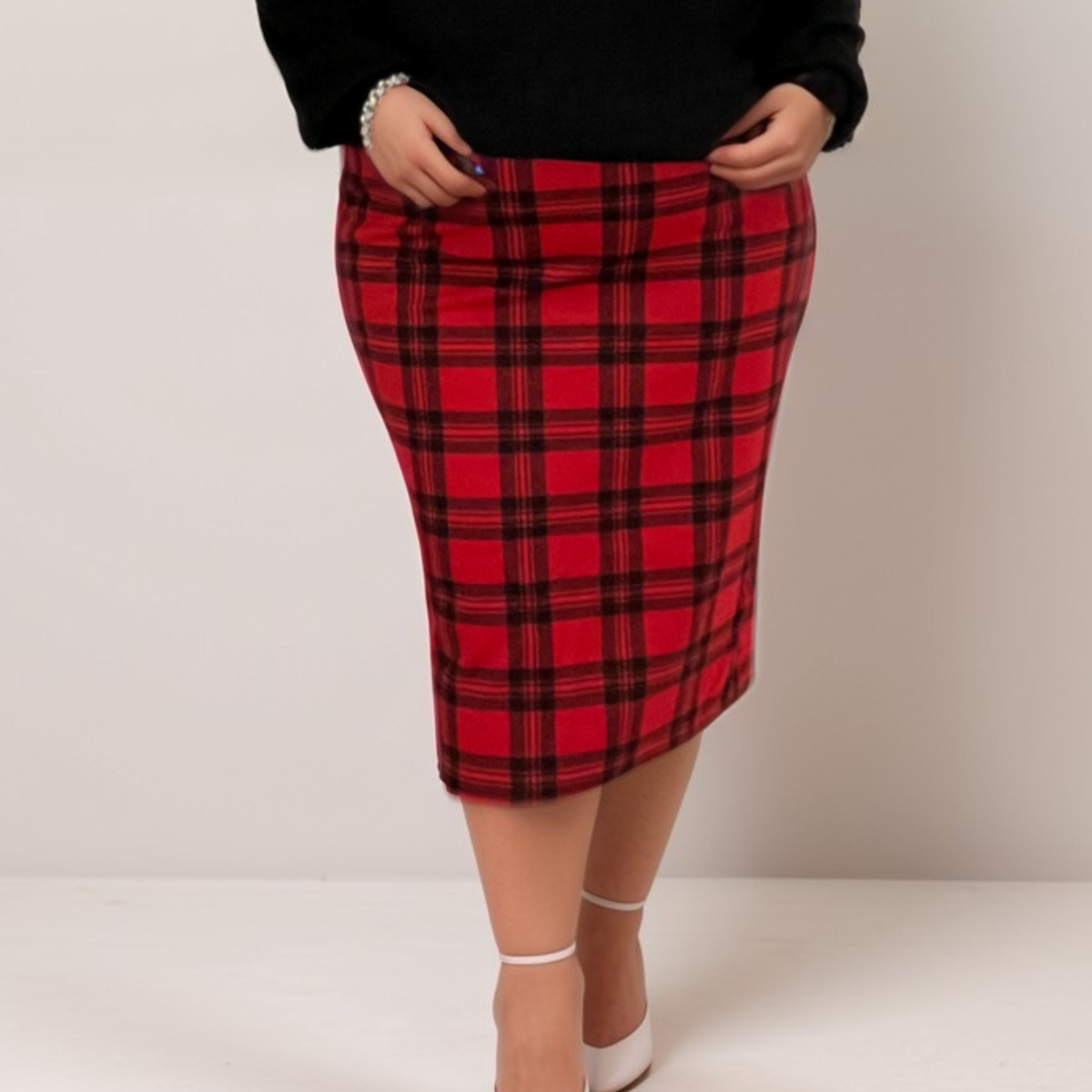 ROCKHOSECURVES RED TARTAN ELASTIC WAIST PENCIL SKIRT