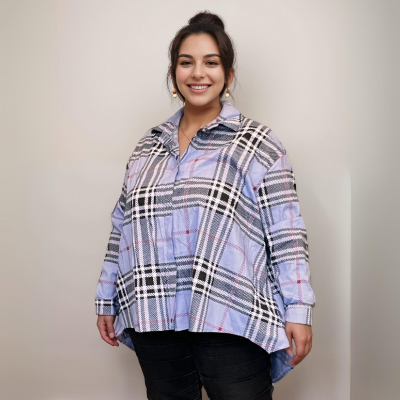 Check Pattern Dipped-Hem Shirt/Blouse Plus Size