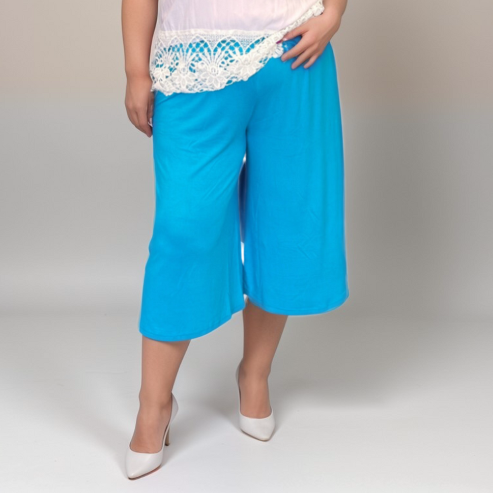 PLAIN ELASTIC HIGH WAIST WIDE LEG CULOTTES SHORTSTEAL / UK 12-14