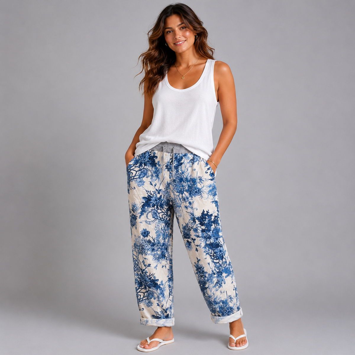 White Sky Blue Floral Print Joggers