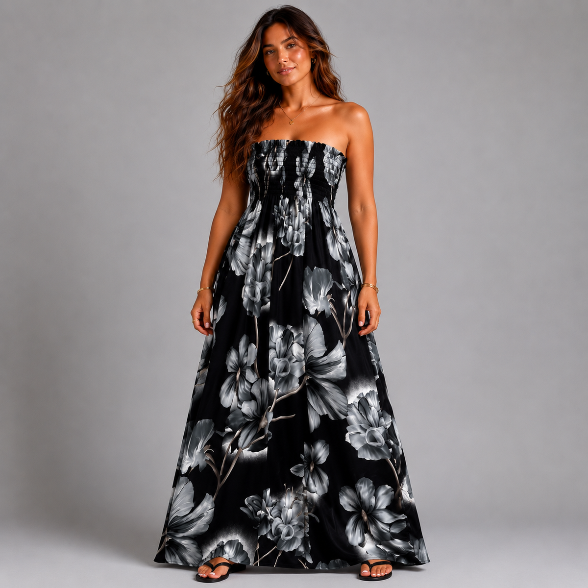 Grey Floral Print Slinky Strapless Boob Tube Maxi Dress