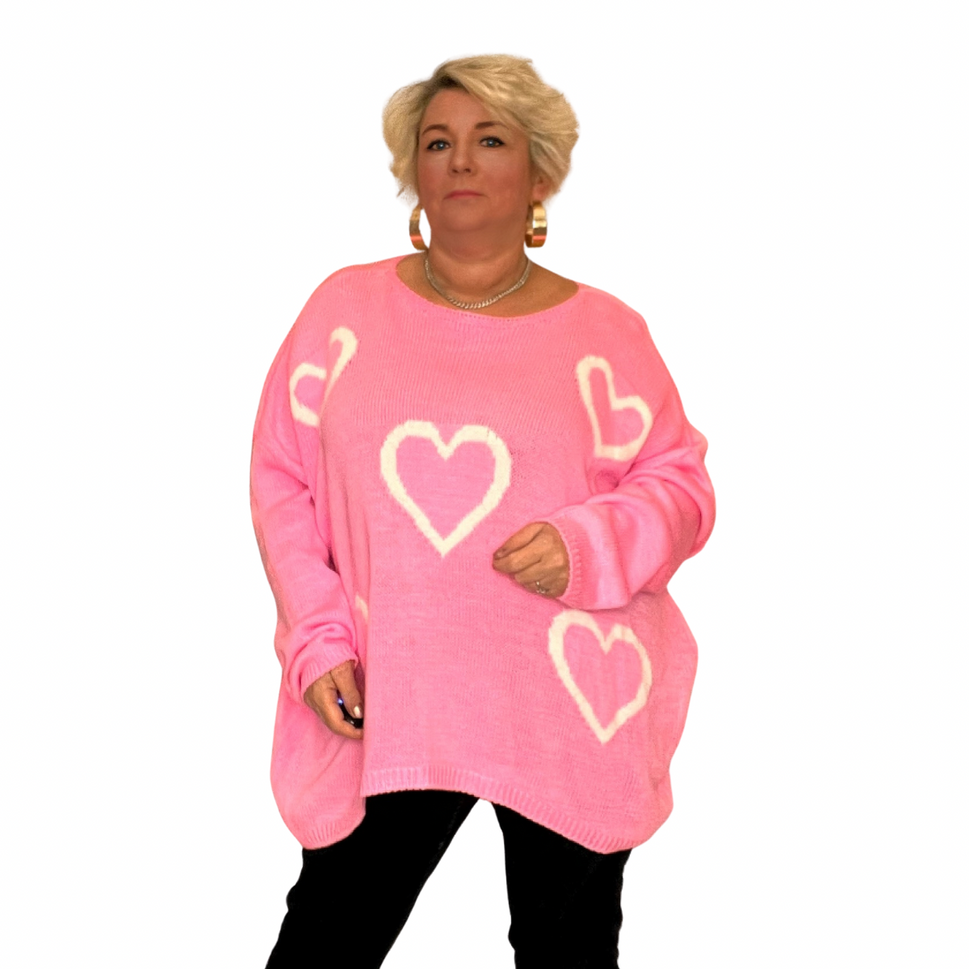 SCOOP HEM OVERSIZED KNITTED JUMPER WITH HEARTSPink / UK 16-18