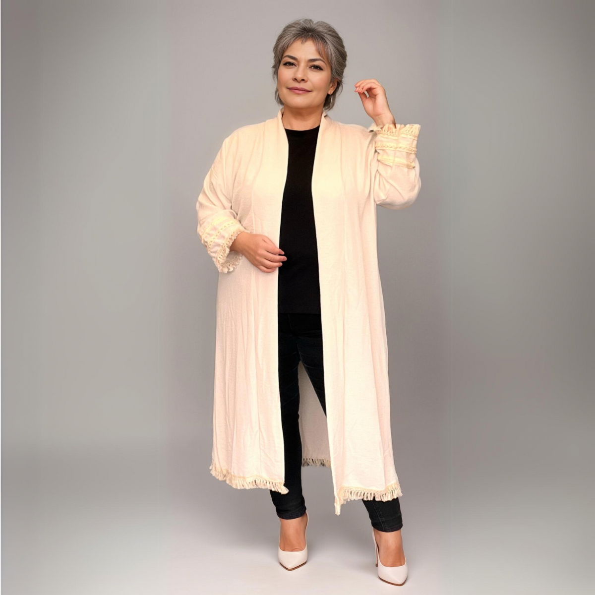 ROCKTHOSECURVES LONG DUSTER JACKET WITH TASSEL EDGING