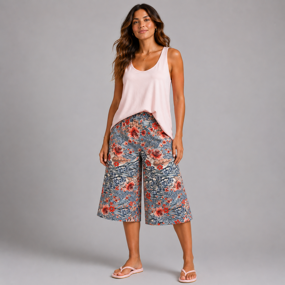 Blue Pink Floral Elastic Waist Culottes / Shorts