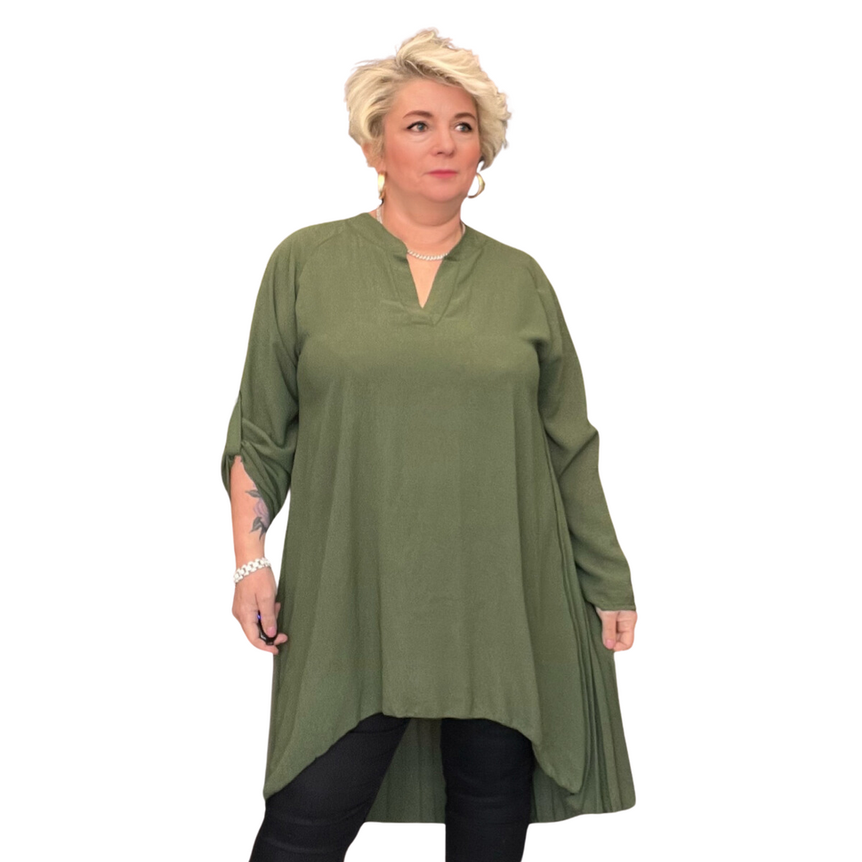 OVERSIZED LONG DIPPED HEM SHIRT / BLOUSE WITH PLEATED BACKKhaki / UK 16-18