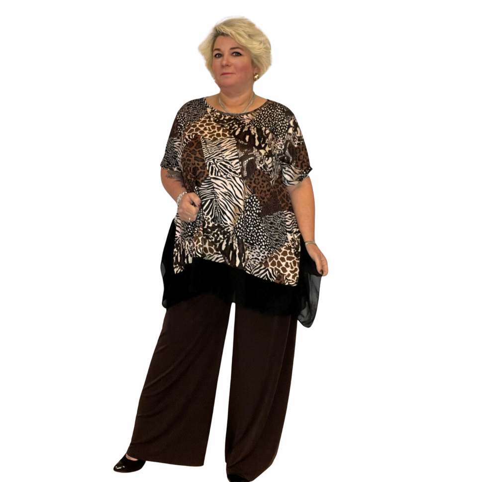 ROCKTHOSECURVES TWO PIECE LOOSE FITTING PLAIN PALAZZO TROUSERS + LONG TOP OUTFIT SETBROWN / UK 16-18