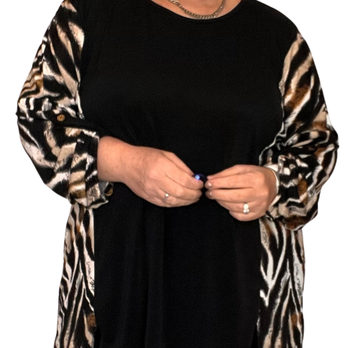 LONG LENGTH TOP WITH ANIMAL PRINT PANELS + SLEEVES