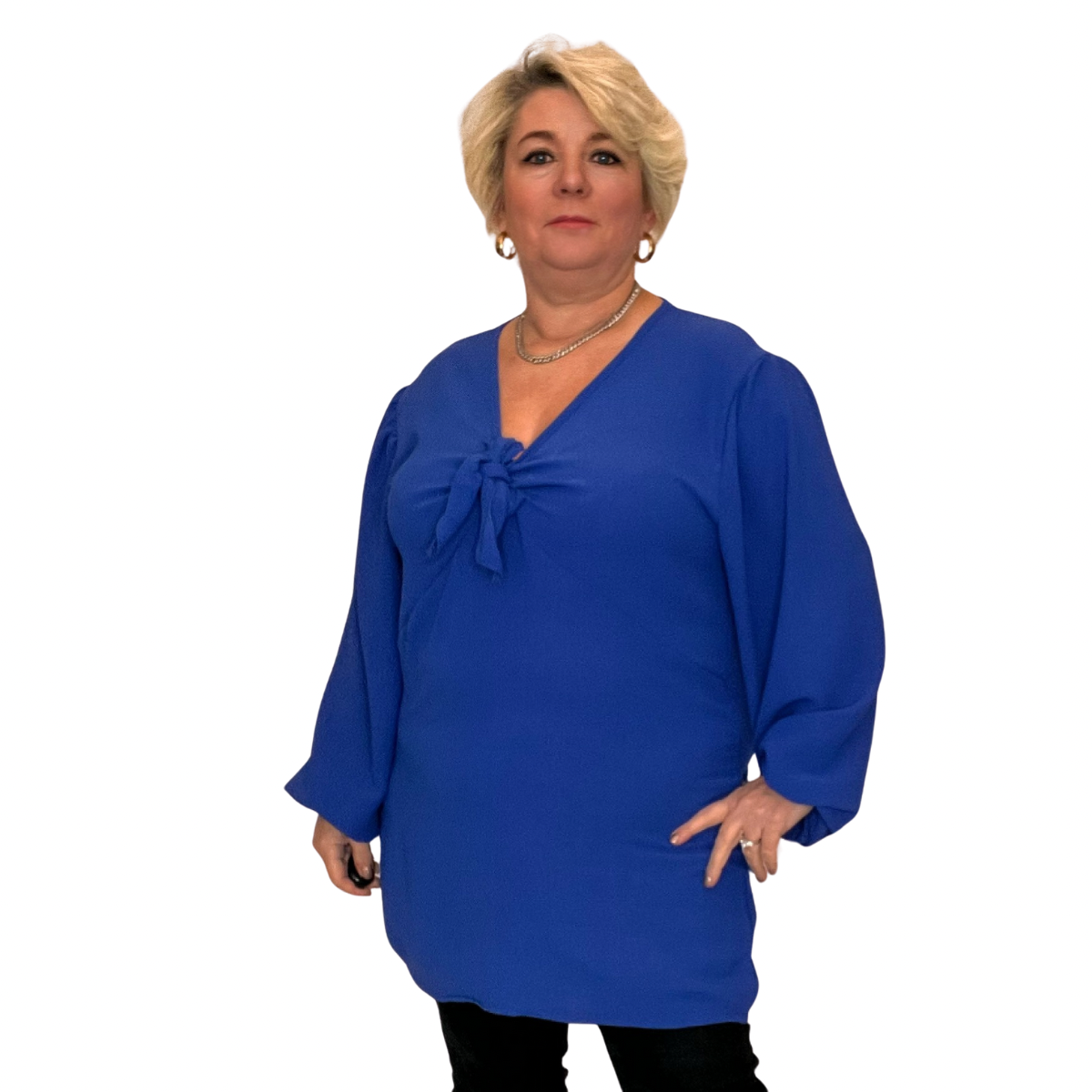 LONG LENGTH V NECK BLOUSE WITH BOW TIE FRONT rockthosecurves
