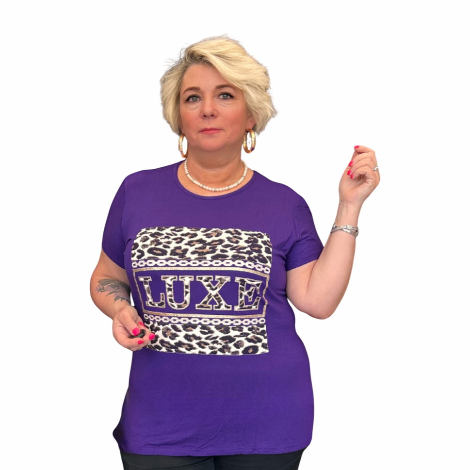 LUXE SHORT SLEEVE T-SHIRT WITH LEOPARD PANELPurple / UK 12-14