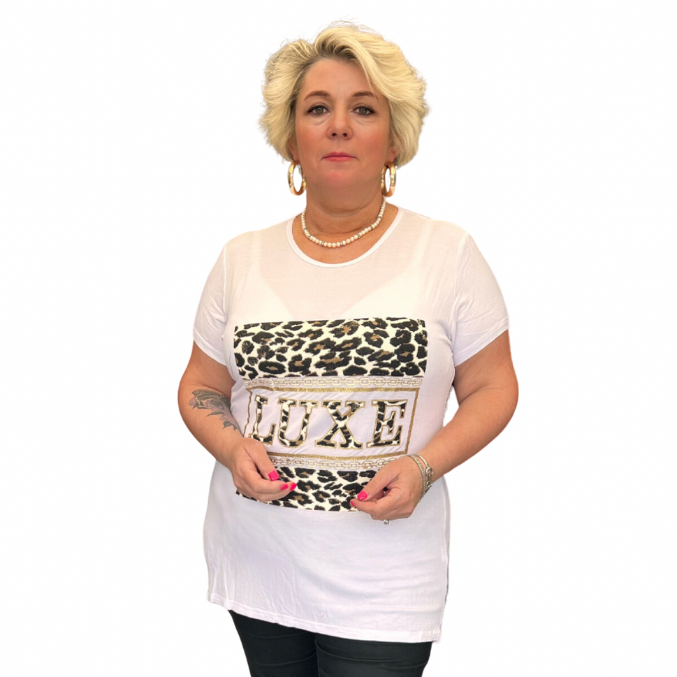 LUXE SHORT SLEEVE T-SHIRT WITH LEOPARD PANELWhite / UK 12-14