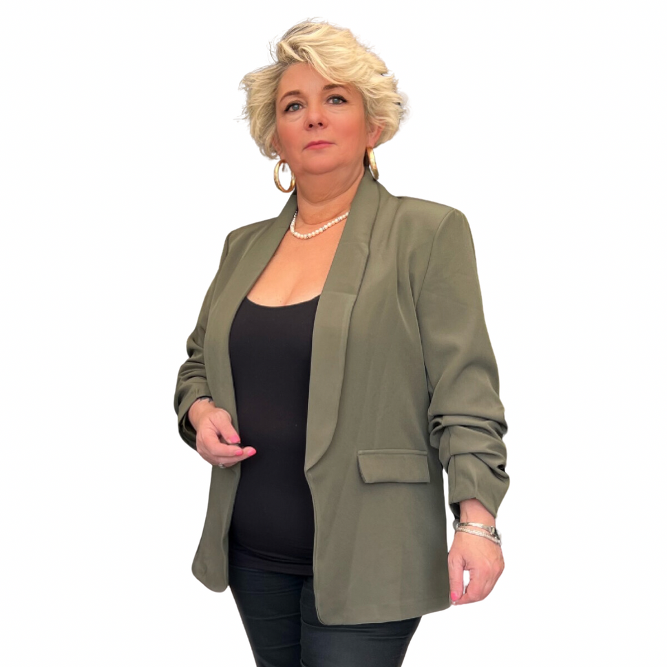 RUNCHED SLEEVE OPEN FRONT LINED BLAZER / JACKETKHAKI / UK 12-14