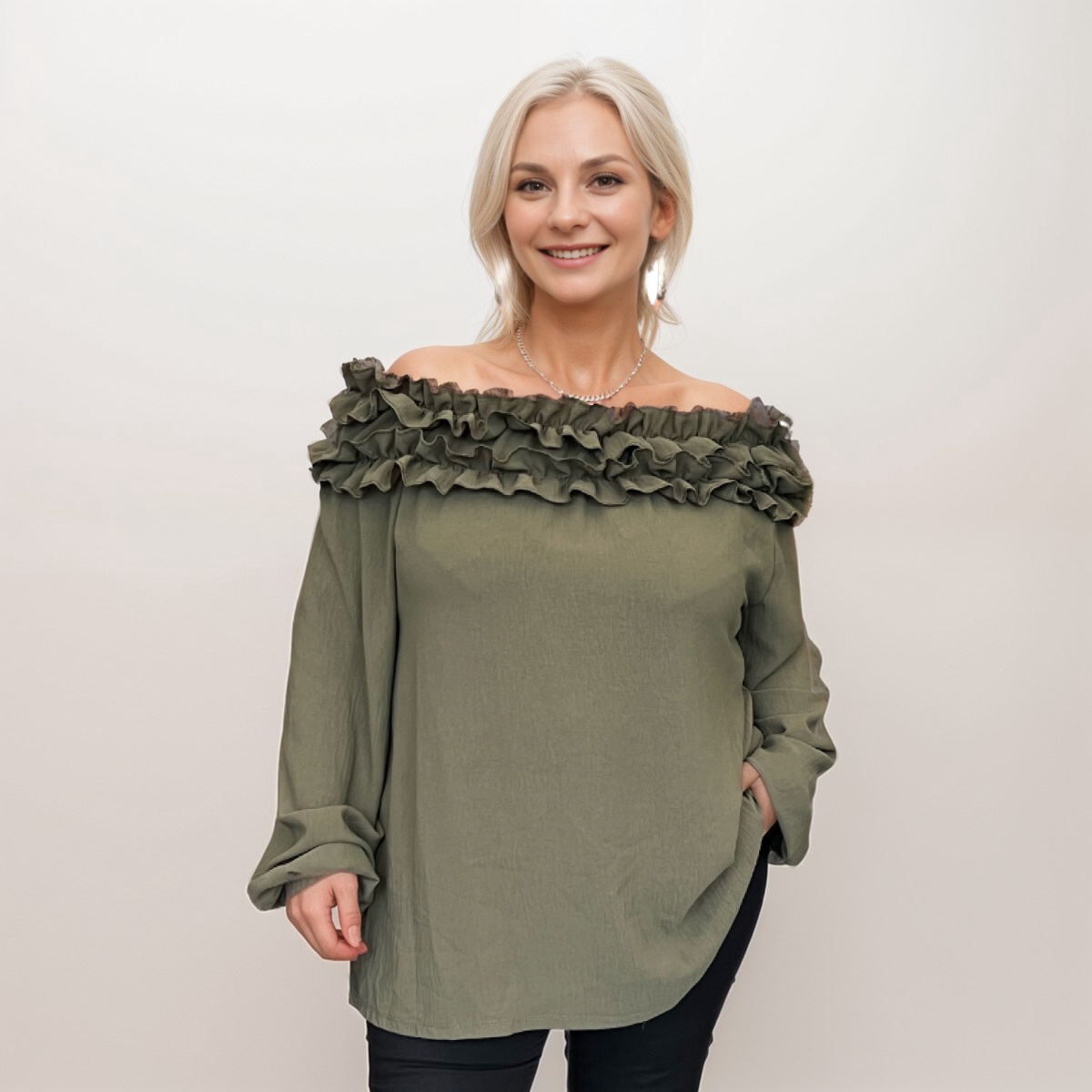 RUFFLED NECK OFF SHOULDER LONG SLEEVE TOP BLOUSE